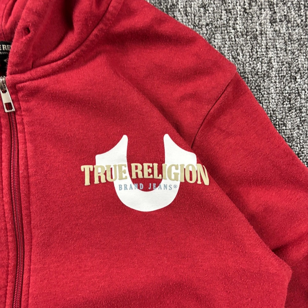 Y2K True Religion Heavyweight Horseshoe Logo Designer Zip Up Hoodie Red Medium - Picture 2 of 8
